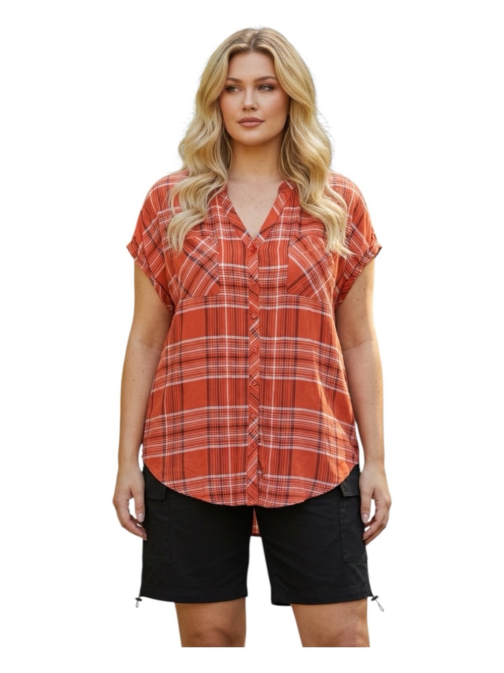 Plus Size 5 torrid Orange Plaid Short-Sleeve Button-Down Top